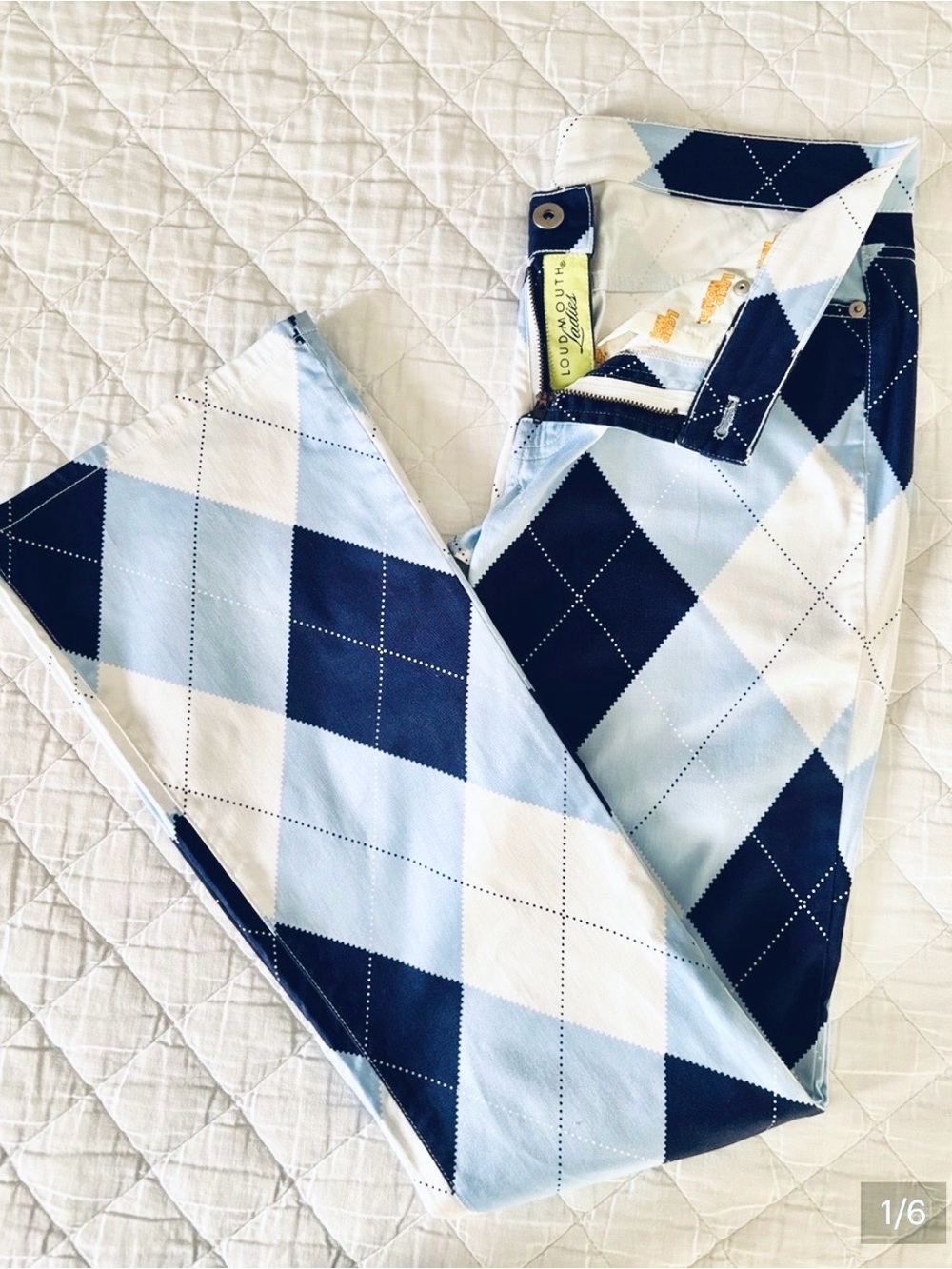 Loudmouth Ladies Golf // Boot-Cut Argyle Pants - Light Blue, Navy & White